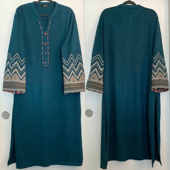 Beliza Teal Knit Ethnic Tunic Dress Metallic Thread, Boho Chic - Picture 7 of 13